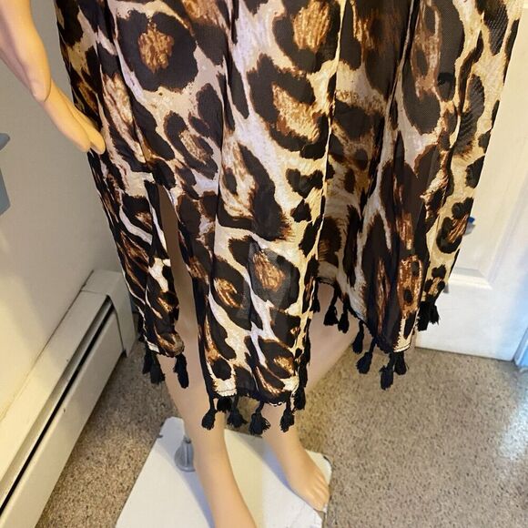 Y2K Lildy Brown Women L-XL Animal Print Fringe Silky CoverUp Top Blouse MeshBoho - Picture 6 of 7